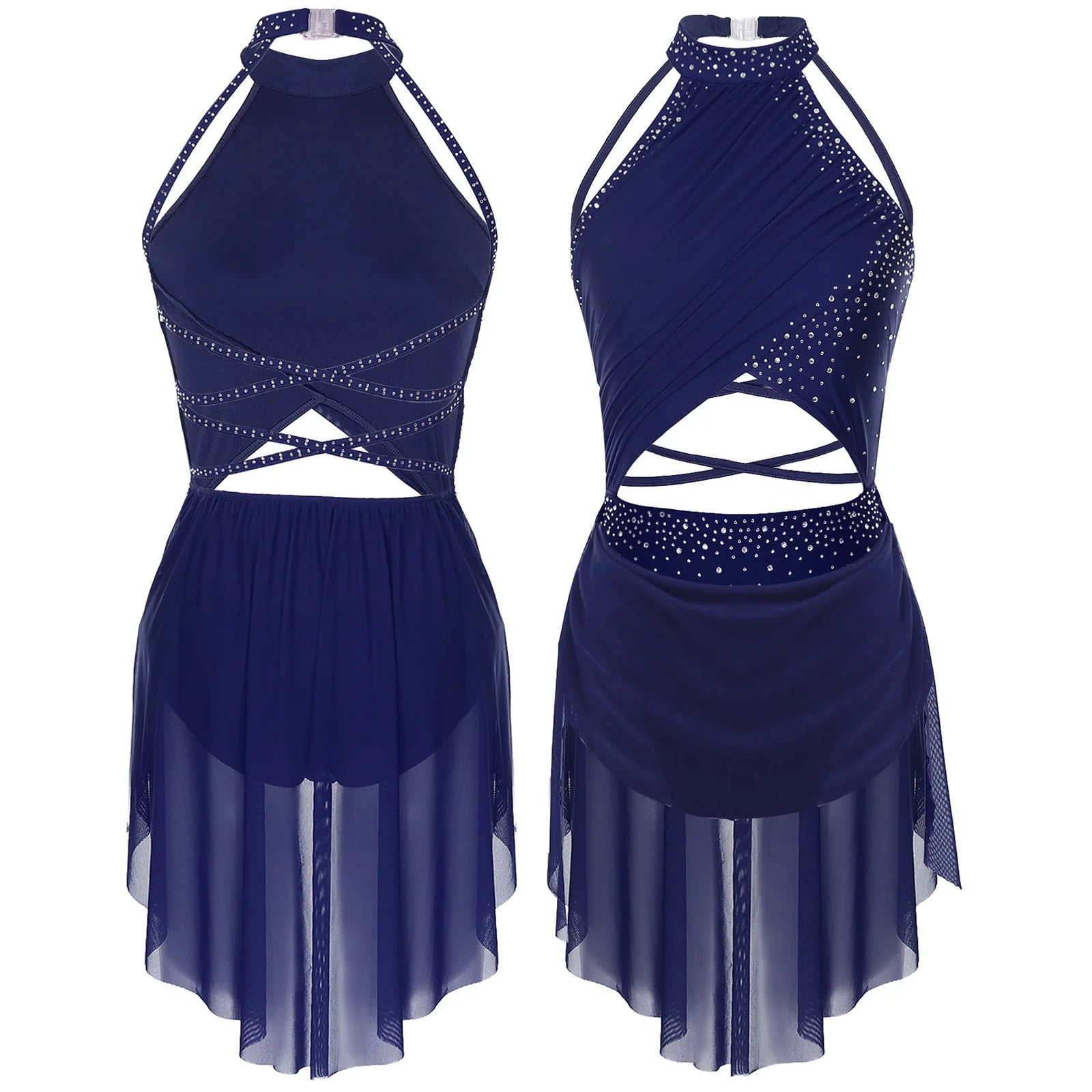 Womens Lyrical Dance Dress Performance Costume Cutout Strappy Backless Sheer Mesh Overlay Glittery Rhinestone Leotard Dress