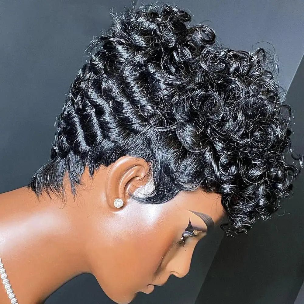 hort Pixie Wigs for Black Women Short Black Curly Pixie Wigs Synthetic Hair Wigs for Black Women Natural Wavy Black Pixie Cut