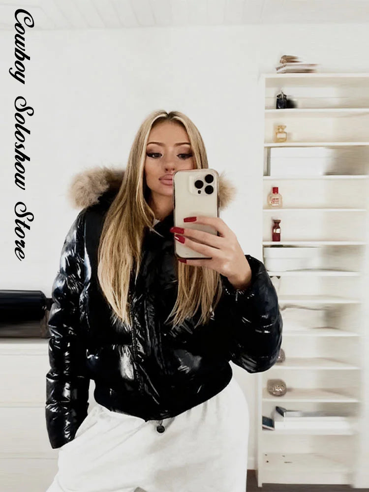 Women Glossy Surface Hooded Padded Jacket Fashion Faux Fur Zipper Cropped Jackets Lady