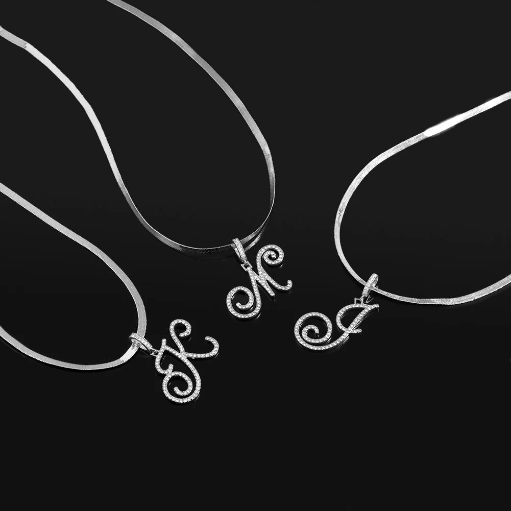 A-Z Initial Bling Cursive Letter Necklace Women Girl Gold Plated Snake Chain Alphabet Pendant Clavicle Necklaces Collar Jewelry
