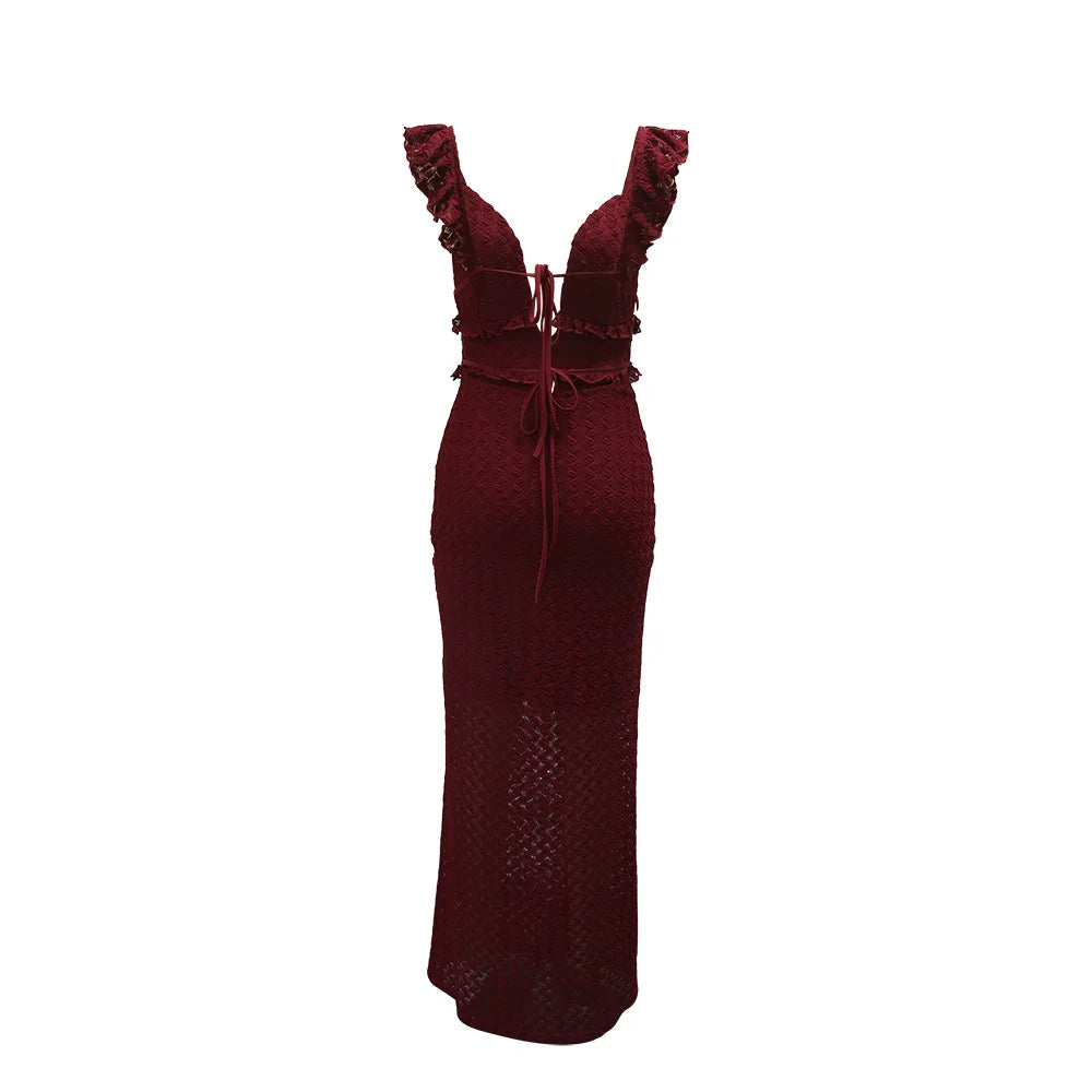 Dress Woman Hollow Ruffles Summer Backless Straps Solid Lace Tierred Chic Elegant Party Skinny Vestidos