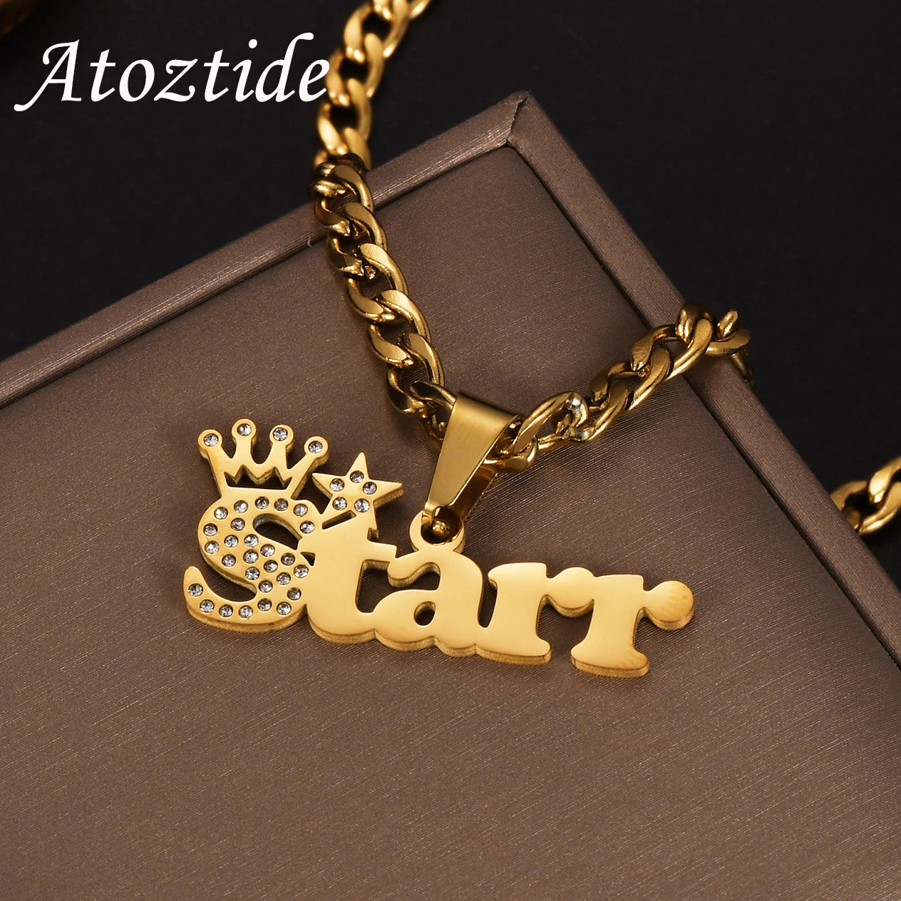 Atoztide Personalised Zircon Crown Star Custom Name Necklace Stainless Steel for Women Thick Cuban Chain Pendant Jewelry Gift