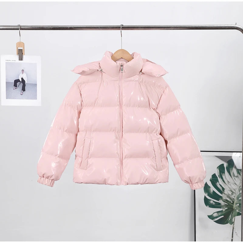 Women Glossy Surface Hooded Padded Jacket Fashion Faux Fur Zipper Cropped Jackets Lady