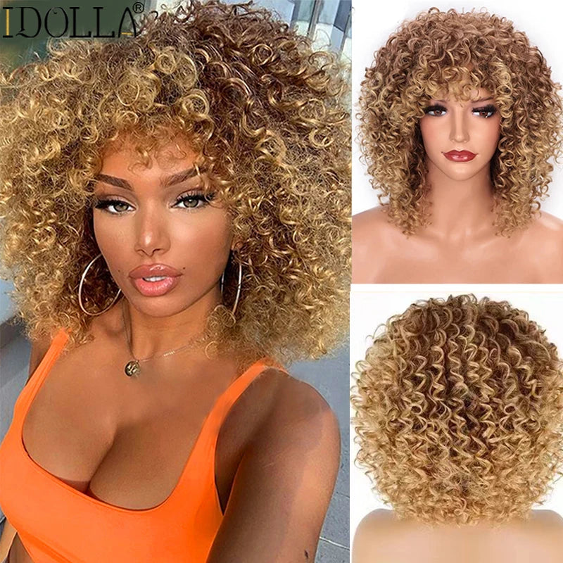 Kinky Curly Wig with Bangs – Short Afro Synthetic Blonde Wig, Glueless High-Temperature Fiber for Daily & Cosplay