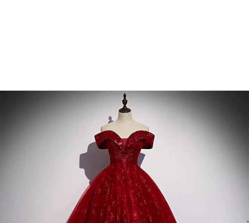 Red Evening Dress 2024 New Off The Shoulder Classic Elegant Ball Gown Sleeveless Sequined Tulle Banquet Shinning Host Customized
