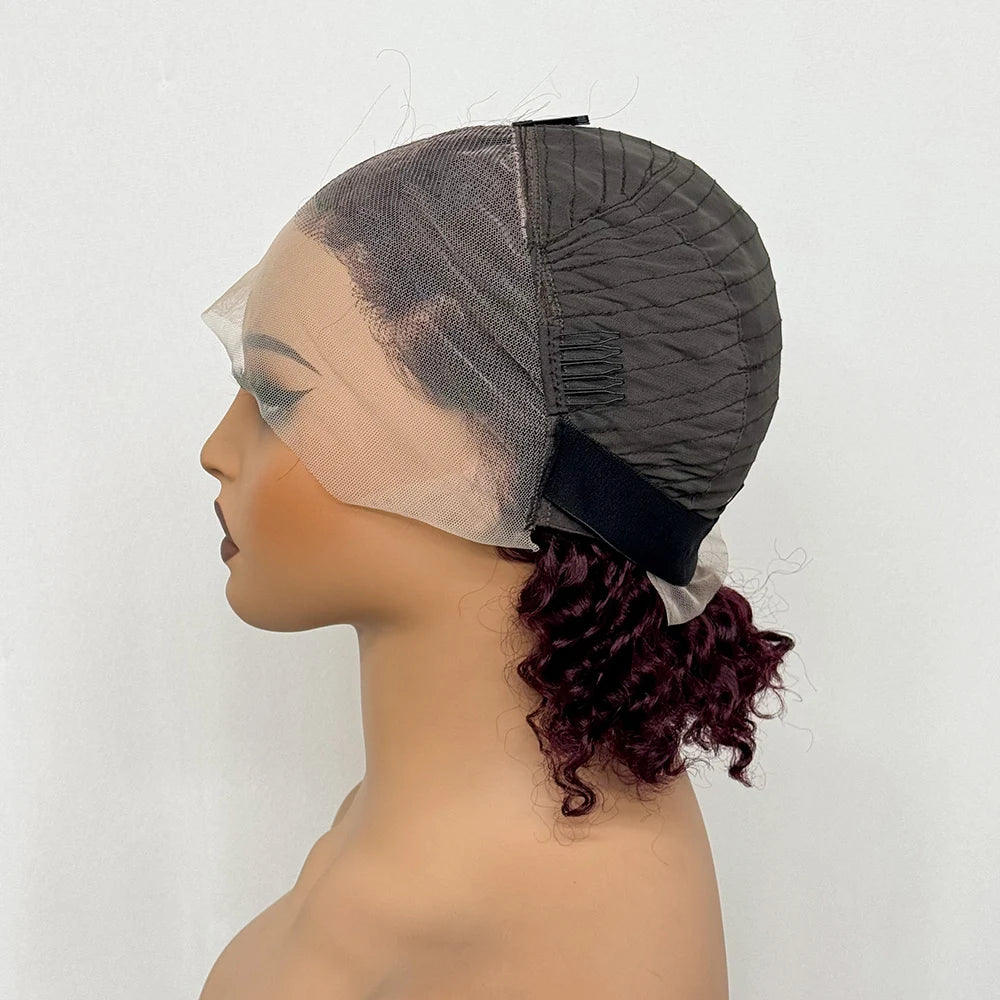 250% Density Double Drawn 12A 10 Inches Bob Pixie Cut Water Wave Curly Human Hair Wig 13x4 Transparent Lace Front Human Hair Wig