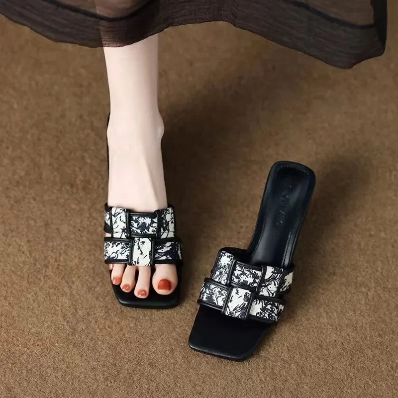 Women’s High Heel Slippers New Summer Fashion Braided Ladies Elegant Sandals Stiletto Square Toe Slip-On Comfy Casual Shoes