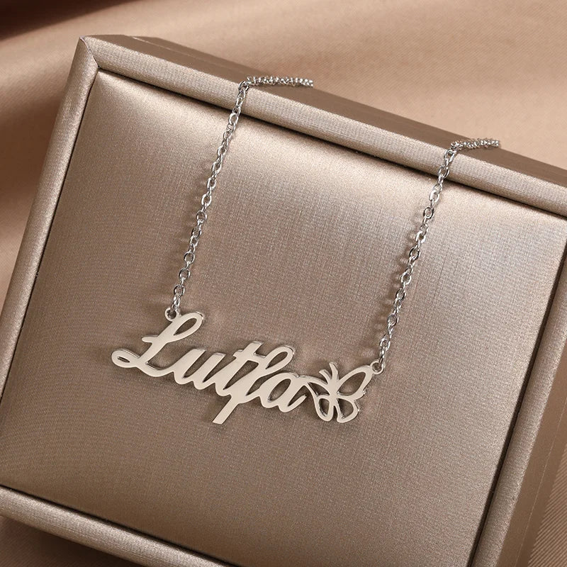 Personalized Butterfly Name Necklace Women Girl Custom Stainless Steel Nameplate Choker Necklaces Handmade Jewelry
