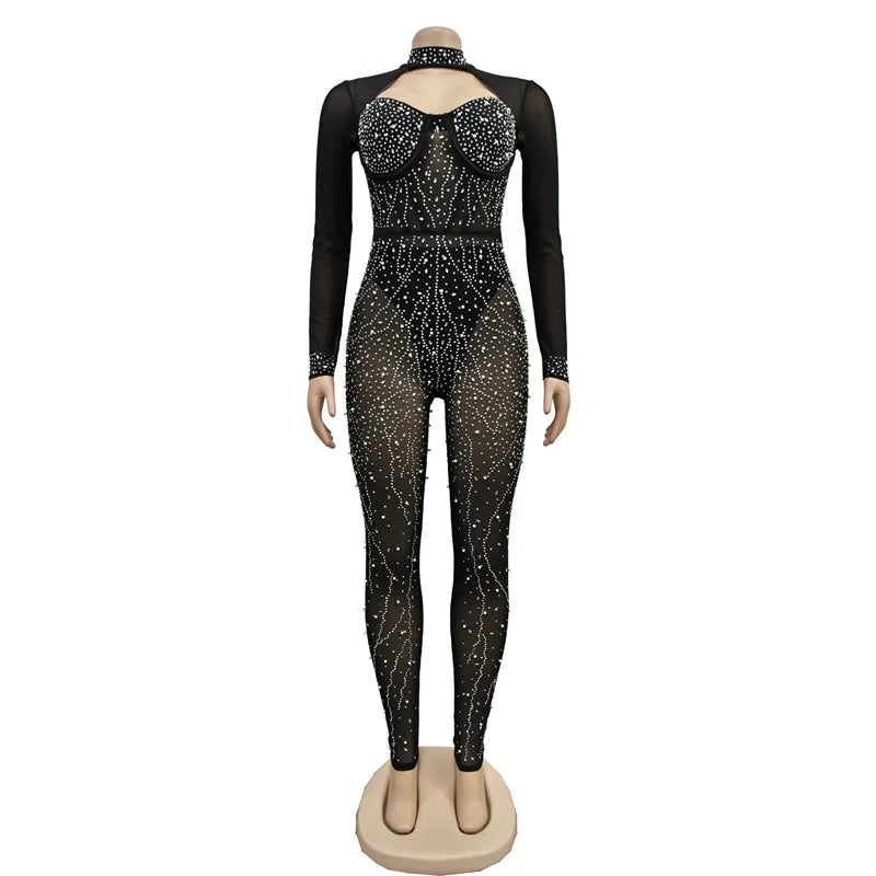 Luxury Autumn Women Skinny Diamonds Sparkly Sheer Mesh Jumpsuits Cut Out Rhinestone Black Sexy Party Evening Jumpsuit Rompers
