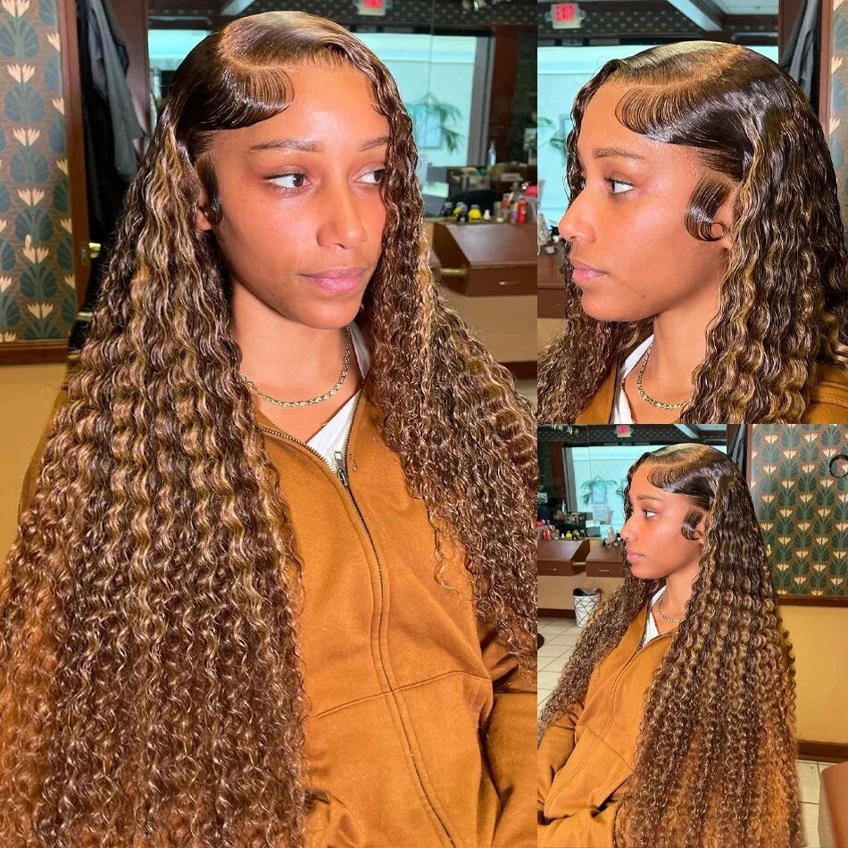 HD 13x6 Brown Lace Front Wig Honey Blonde Colored Curly Human Hair Wigs Highlight Wig Human Hair 13X4 Deep Wave Lace Frontal Wig