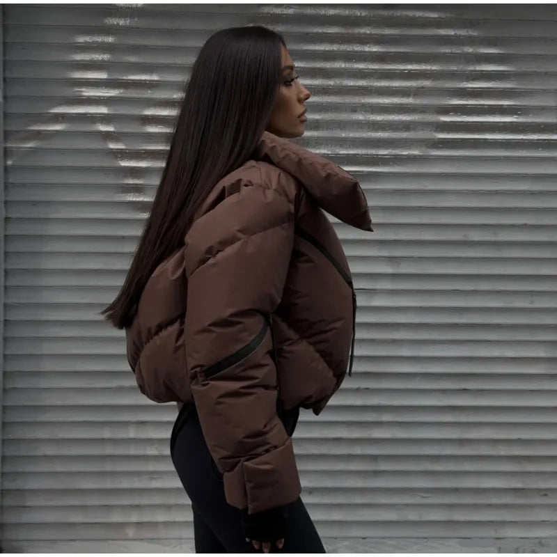 Street Thicken Cotton Women Short Coat Long Sleeve Zippers Pocket Pocket Stand Female