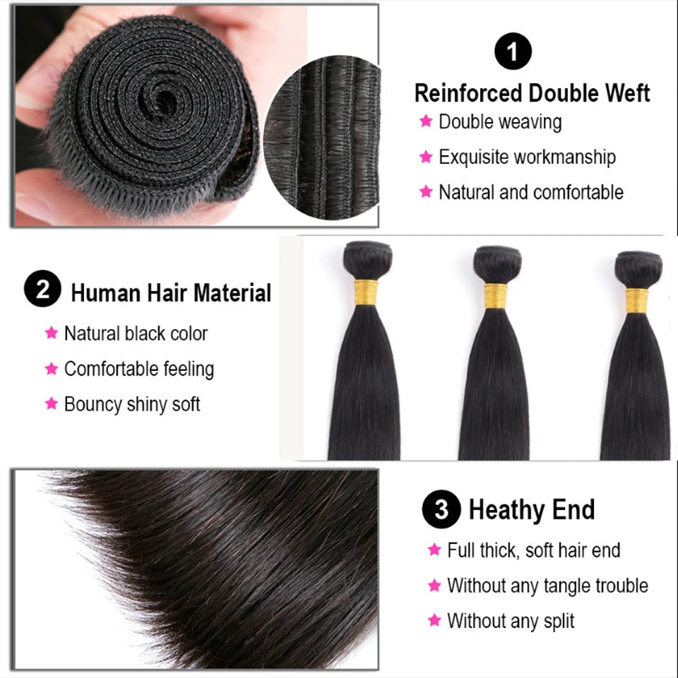 Bone Straight Human Hair Bundles with 13x4 HD Transparent Lace Frontal Closure And Bundle 100% Virgin Hair Weave 3/4 Bundle Deal