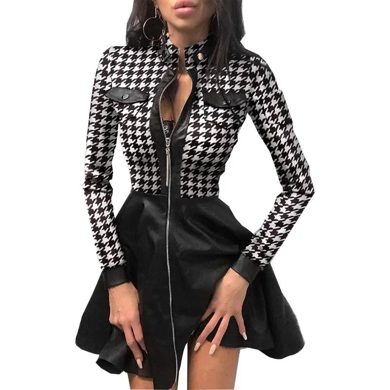 Fashionable PU Leather Patchwork Waist-Cinching Dress Autumn Winter New Arrival Independent Station Wish Elegant Brand