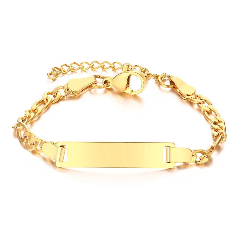 Infant Stainless Steel Crown Chain Link Baby Bear Bracelet with Free Engraving for Kids Child Birthday Gift