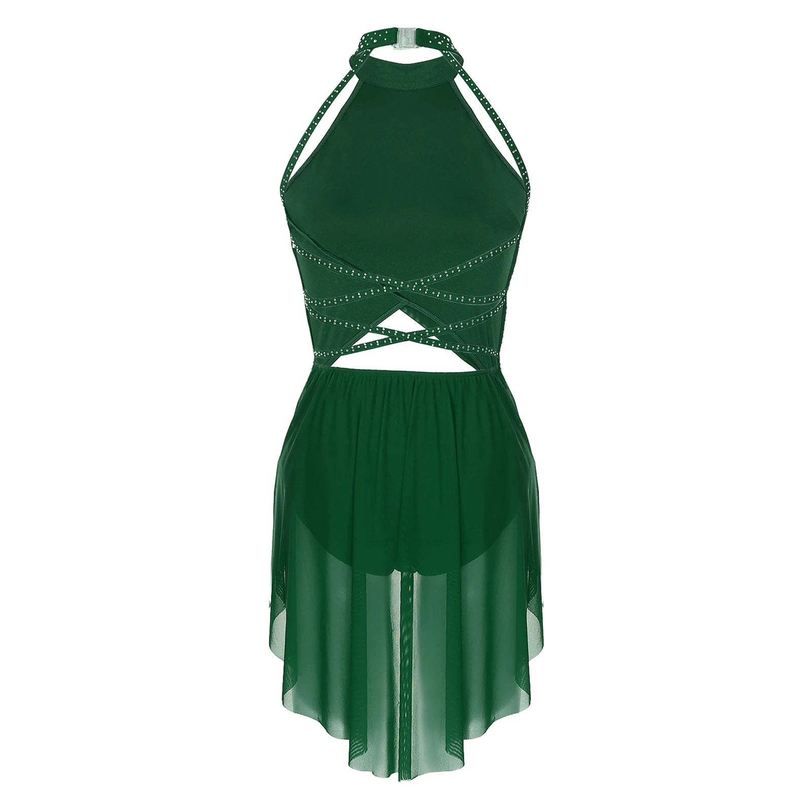 Womens Lyrical Dance Dress Performance Costume Cutout Strappy Backless Sheer Mesh Overlay Glittery Rhinestone Leotard Dress