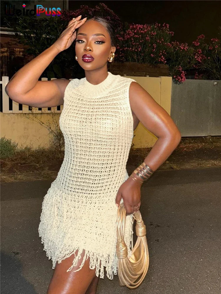 Weird Puss Crochet Dress Women Sexy Chic Y2K Summer Trend Tassel Hem Sleeveless Stretch Fashion Beach Vacation Clubwear Bodycon