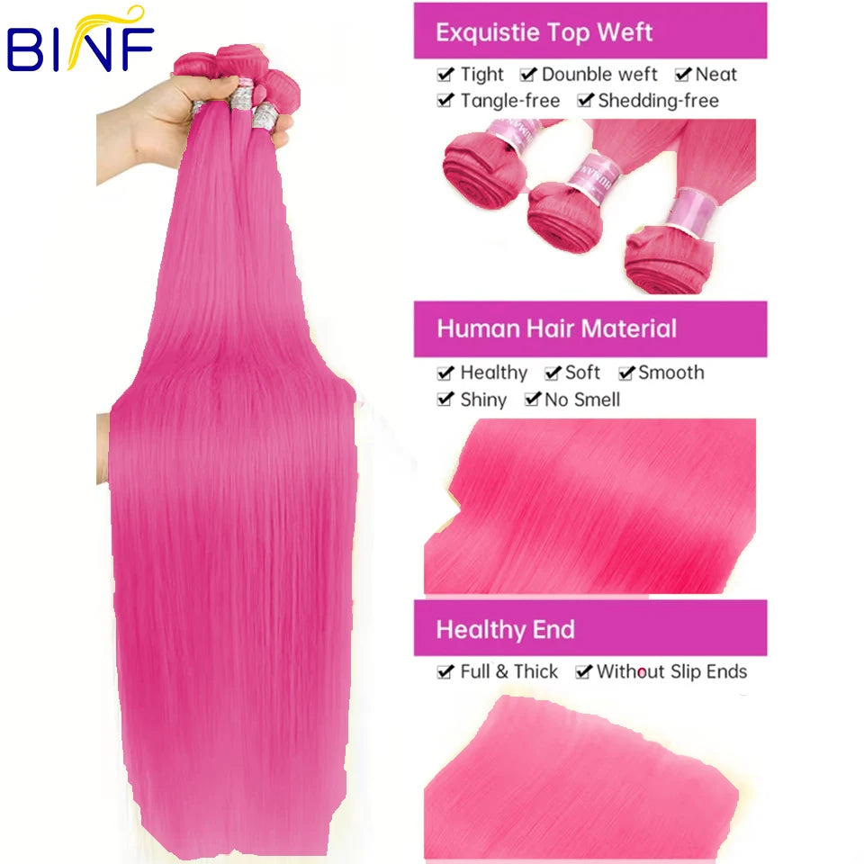 Fashion Trends Hot Pink Colored Straight Human Hair Bundles 100% Remy Hair Extensions Raw 1/3/4 Human Hair Bundles Double Weft