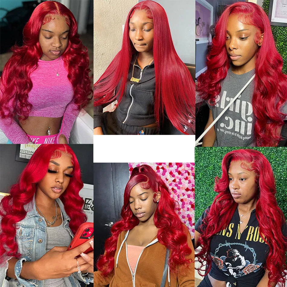 13x4 Hot Red Lace Front Human Hair Wigs Body Wave Burgundy Red Colored Transparent Lace Front Wigs Human Hair Remy 200% Density