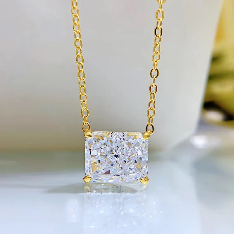 EWYA 4 Carat Radiant Baguette White Diamond Clavicle Necklace Simple Women's Lotus 925 Silver Necklaces for Women Fine Jewelry