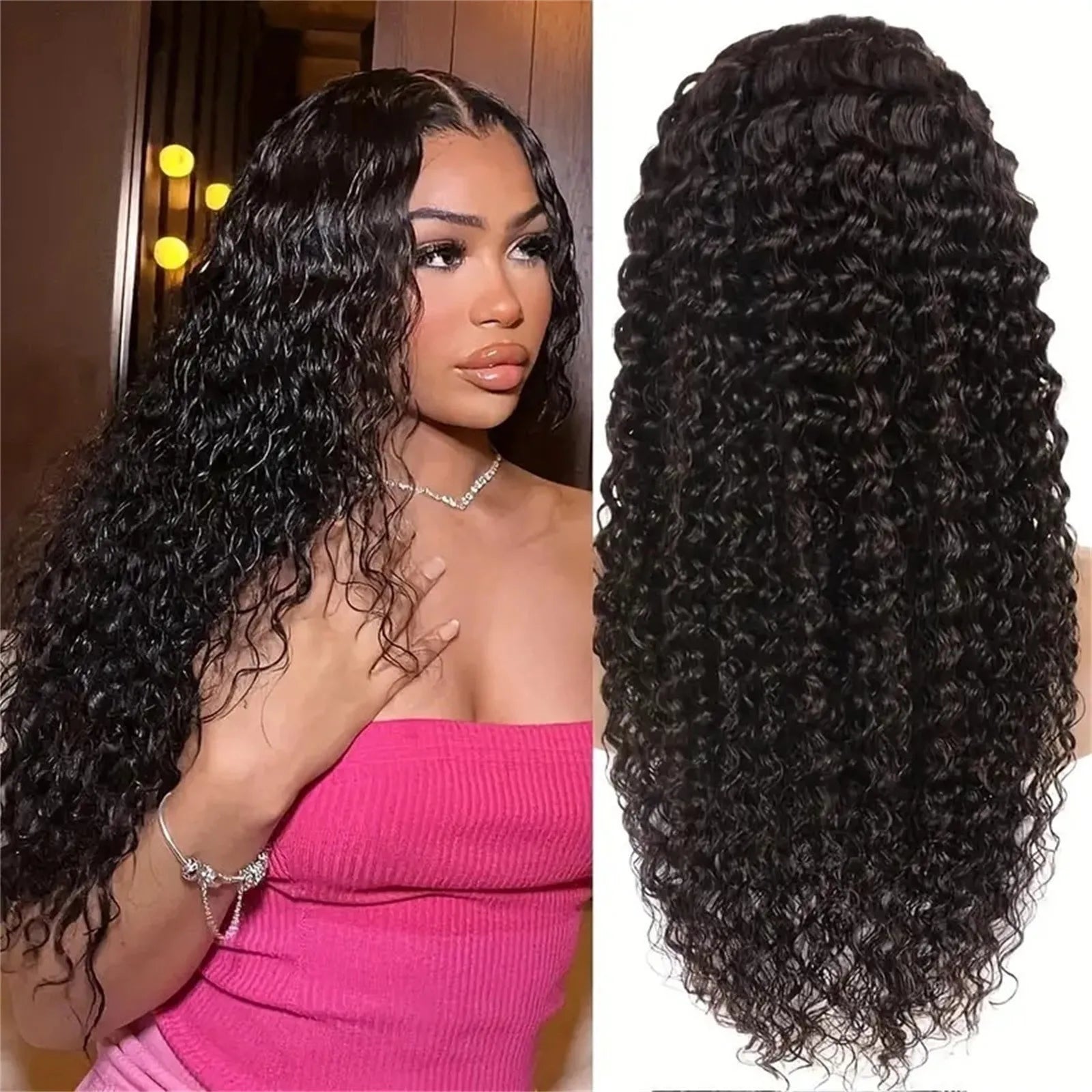 Black Curly Long Wig – Heat-Resistant Lace Front Synthetic Hair, Natural Curly Wavy Wig for Women & Cosplay