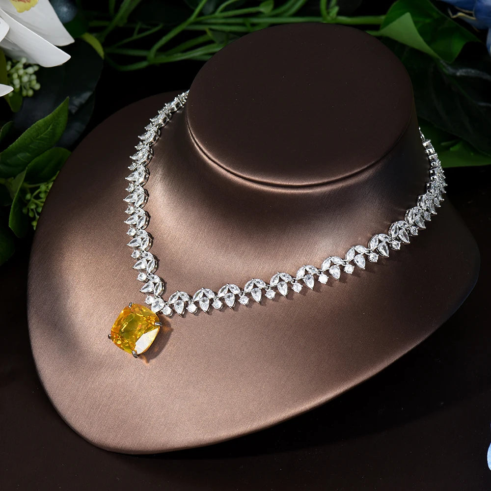 HIBRIDE 2PCS Square Design Women Necklace And Earring Sets Cubic Zirconia Yellow Color Jewelry Sets For Bridal Wedding