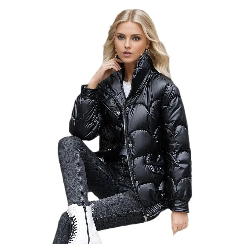 Short Glossy Puffer Jacket - Women's Quilted Coat with Color-Popping Style