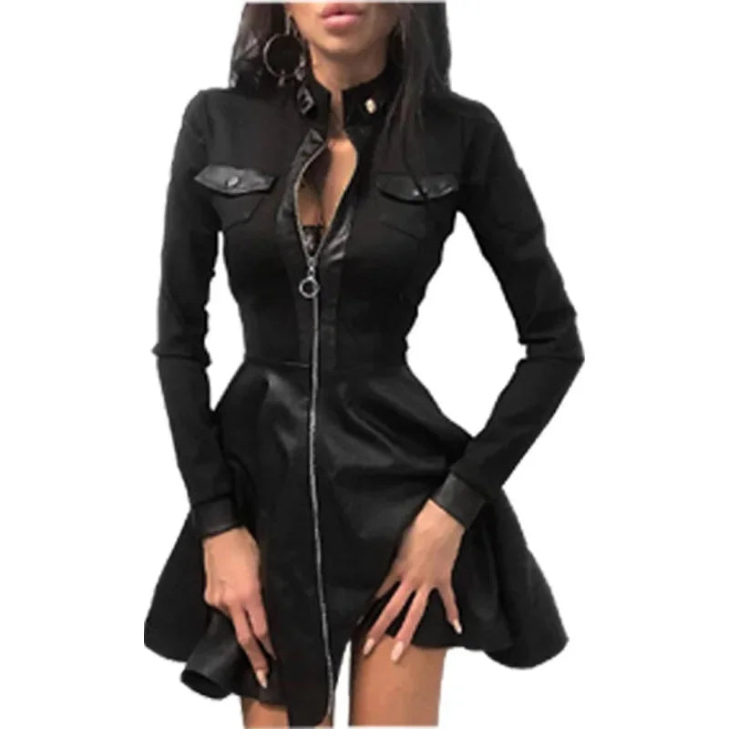 Fashionable PU Leather Patchwork Waist-Cinching Dress Autumn Winter New Arrival Independent Station Wish Elegant Brand