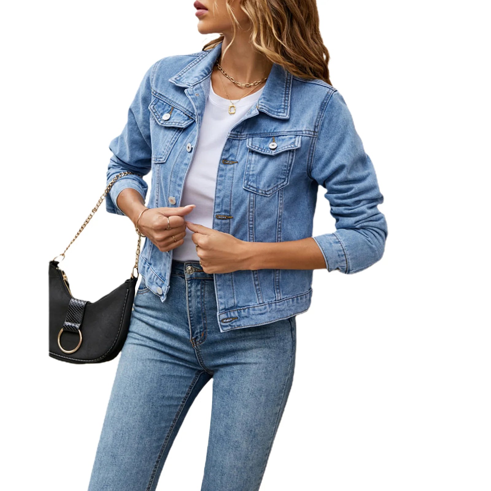 Women's Denim Jackets Fashion Female Casual Long Sleeve Lapel Solid