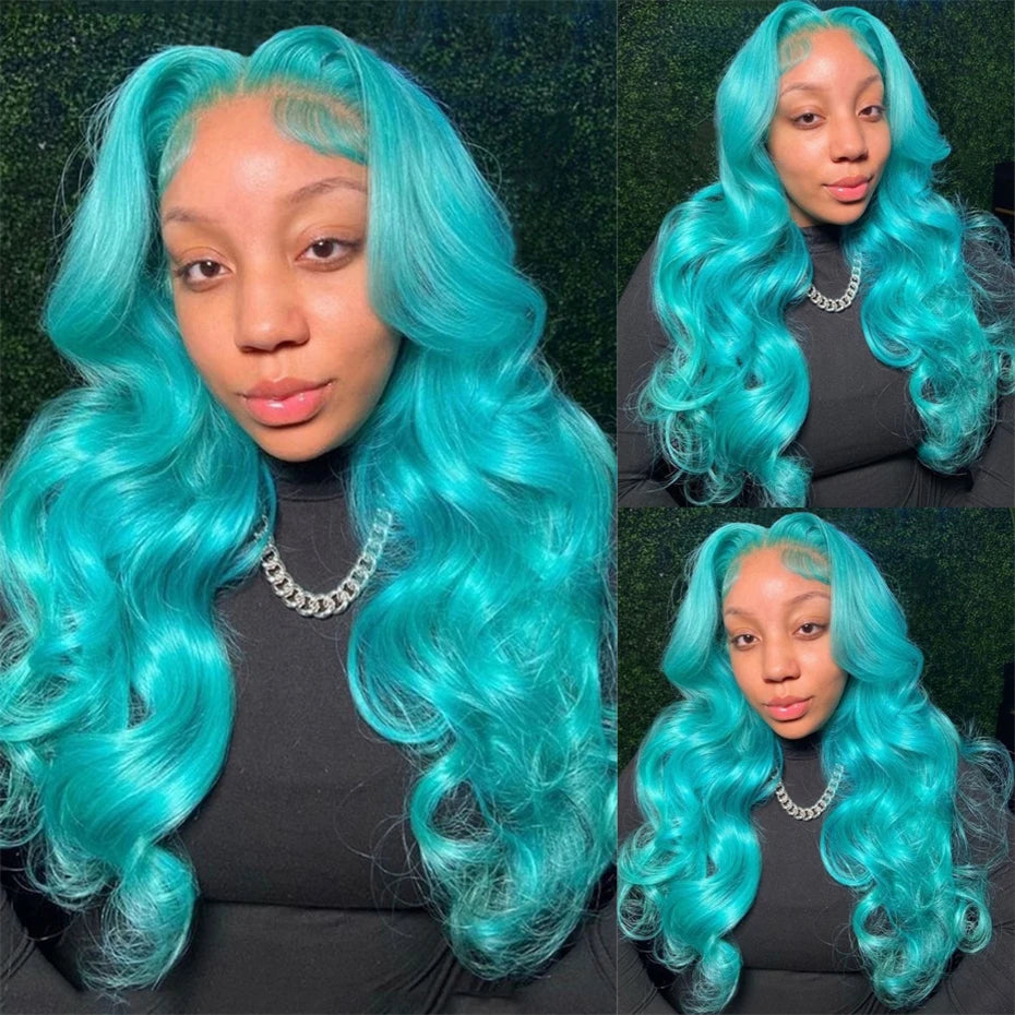 13x6 Teal Ocean Blue Lace Front Wig Human Hair Body Wave 613 Blonde Lace Frontal Wig Preplucked Mint Green Color Human Hair Wigs