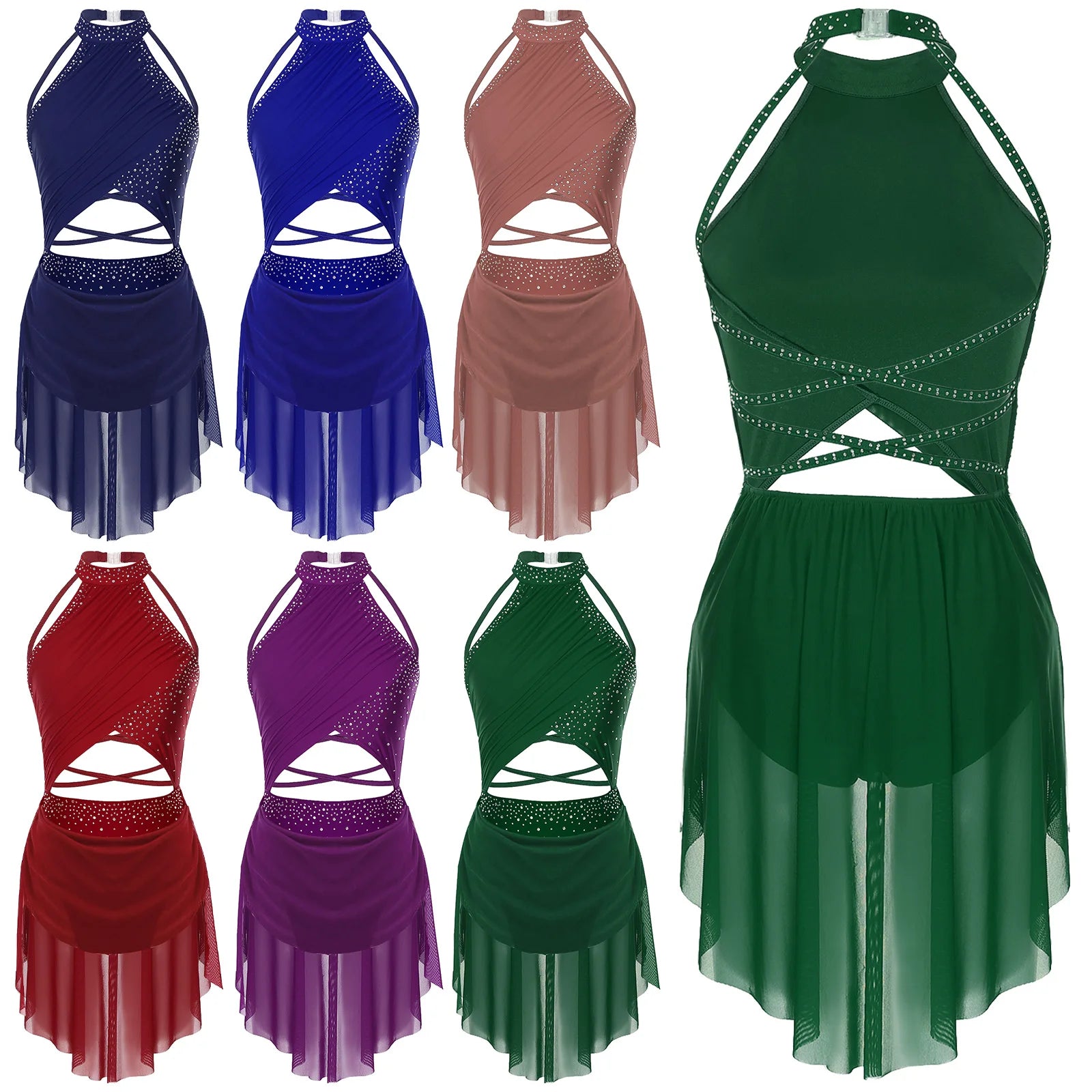 Womens Lyrical Dance Dress Performance Costume Cutout Strappy Backless Sheer Mesh Overlay Glittery Rhinestone Leotard Dress