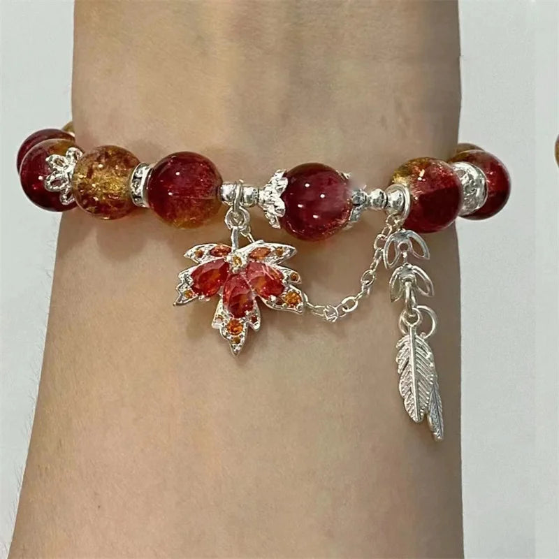 New Trendy Red Crystal Beaded Maple Leaf Bracelet for Women Fashion Butterfly Feather Pendant Bracelet Friendship Jewelry