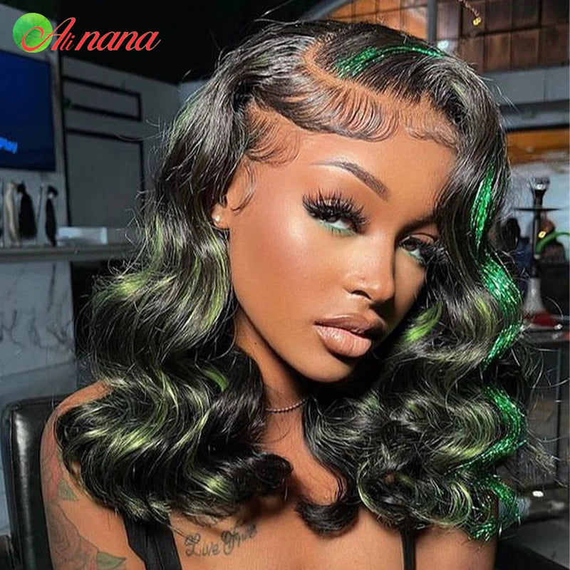 Highlights Green Colored With Glitter Strands Loose Curly Hairstyle 13x6 Lace Frontal Wig Human Hair Wigs For Black Women
