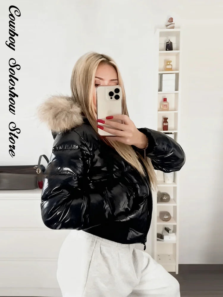 Women Glossy Surface Hooded Padded Jacket Fashion Faux Fur Zipper Cropped Jackets Lady