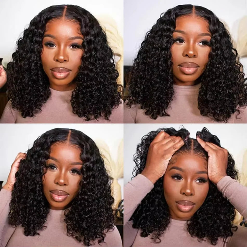 Water Wave Curly 13x4 Frontal Bob Wig 100% Human Hair Natural Black 250% Density For Black Women
