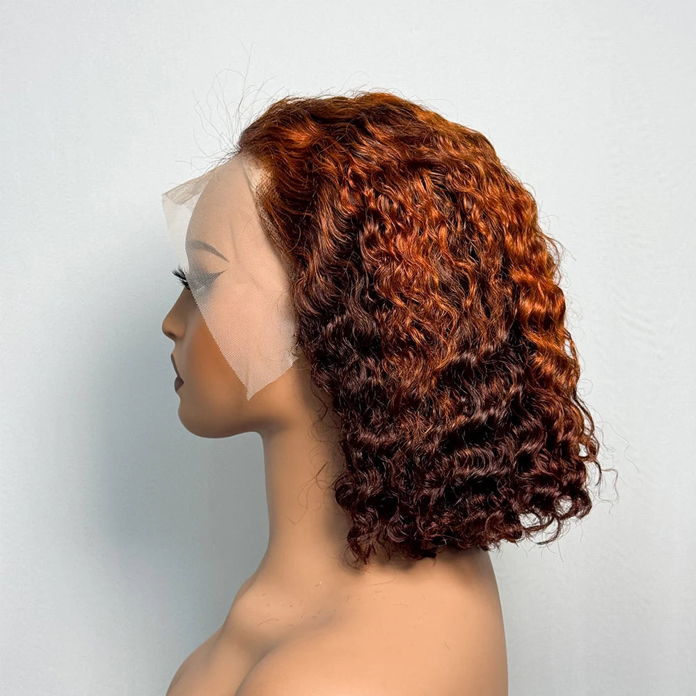 250% Density Double Drawn 12A 10 Inches Bob Pixie Cut Water Wave Curly Human Hair Wig 13x4 Transparent Lace Front Human Hair Wig