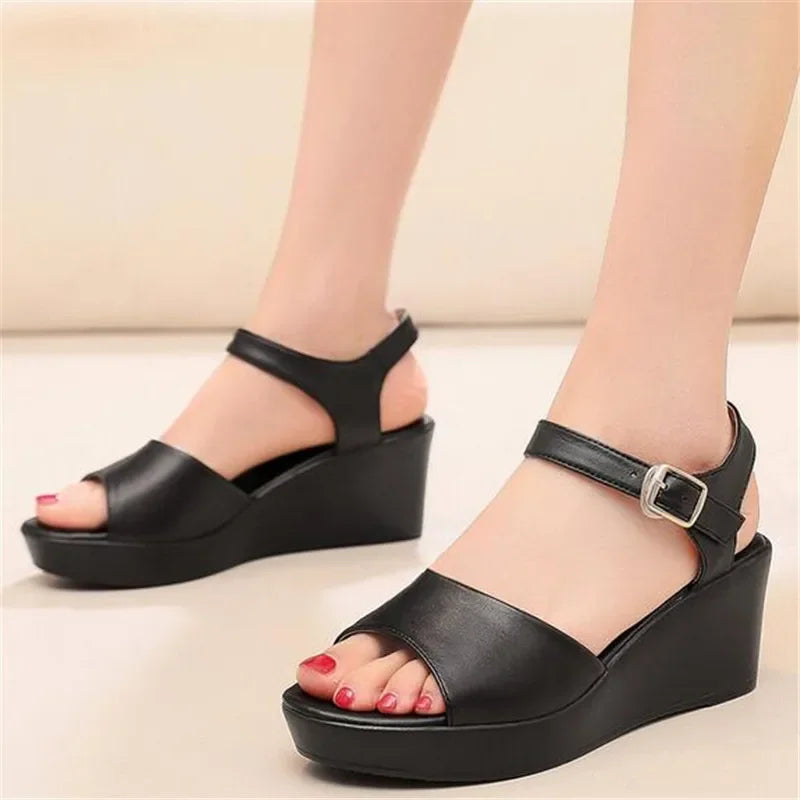 BEYARNENew Black White Fish Mouth Genuine Leather Sandals Wedges Platform High Heeled Sandals6 / 8 / 11Cm Big Size Women Sandals