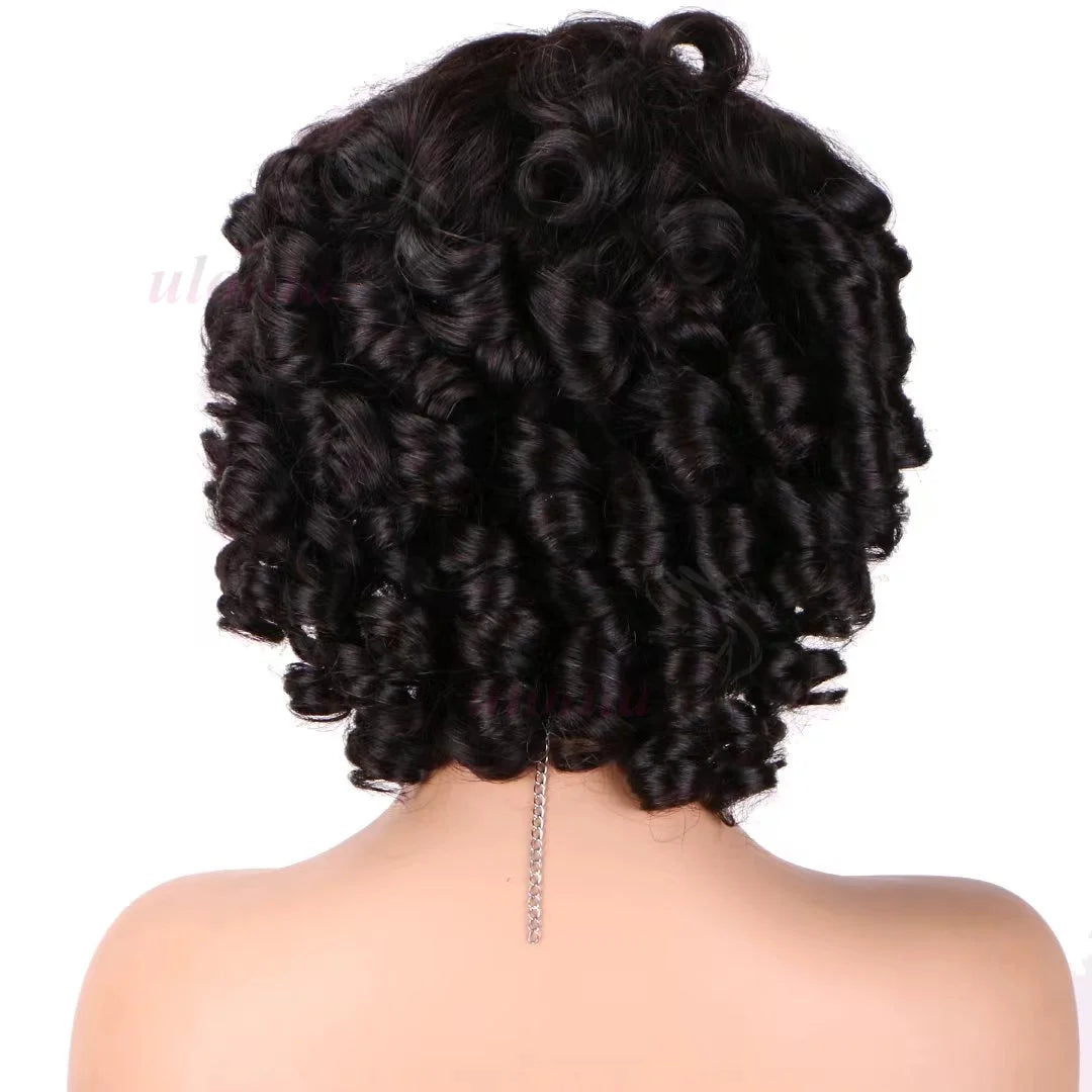 Bouncy Curly Human Hair Wig with Bangs – Pixie Cut Bob, Loose Wave 100% Remy Machine-Made Wig (200% Density)