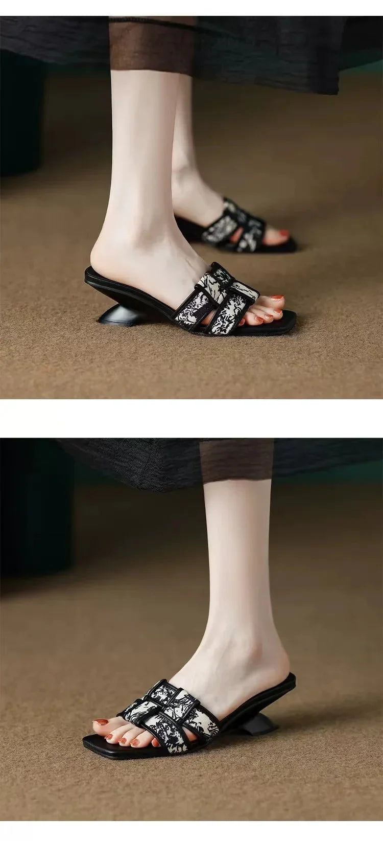 Women’s High Heel Slippers New Summer Fashion Braided Ladies Elegant Sandals Stiletto Square Toe Slip-On Comfy Casual Shoes