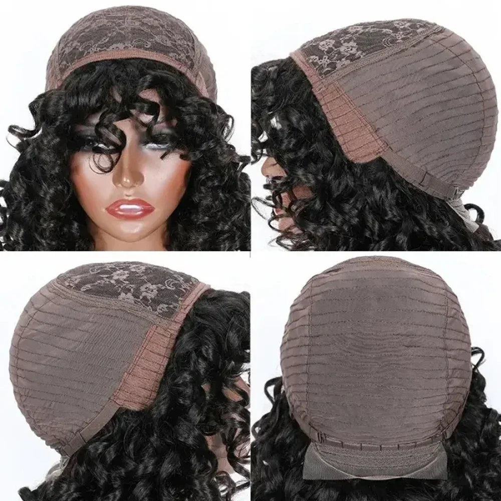 Short Curly Bob Wig with Bangs – 100% Brazilian Remy Human Hair, Glueless Machine-Made Afro Wig
