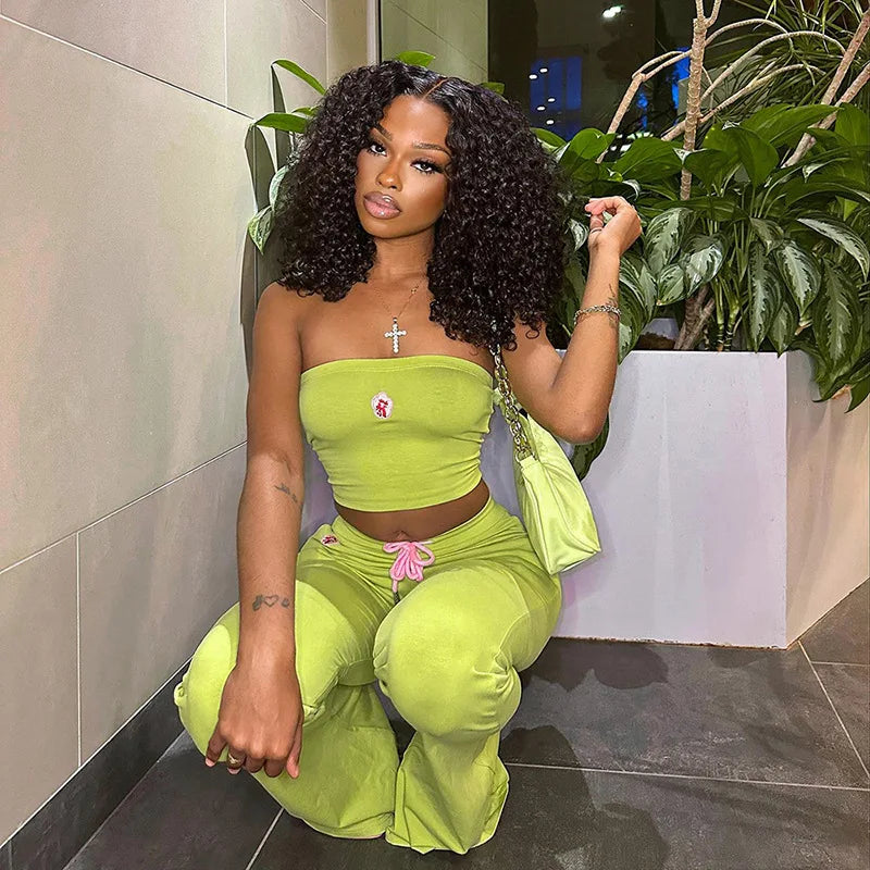 Simenual Y2K Green Floral Two-Piece Set – Strapless Tube Top & Flare Pants Co-ord Outfit