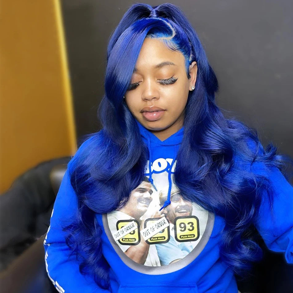 Navy Blue 13x4 Lace Front Body Wave Human Hair Wigs Brazilian Blue Colored HD Transparent Lace Front Wigs For Women Pre Plucked