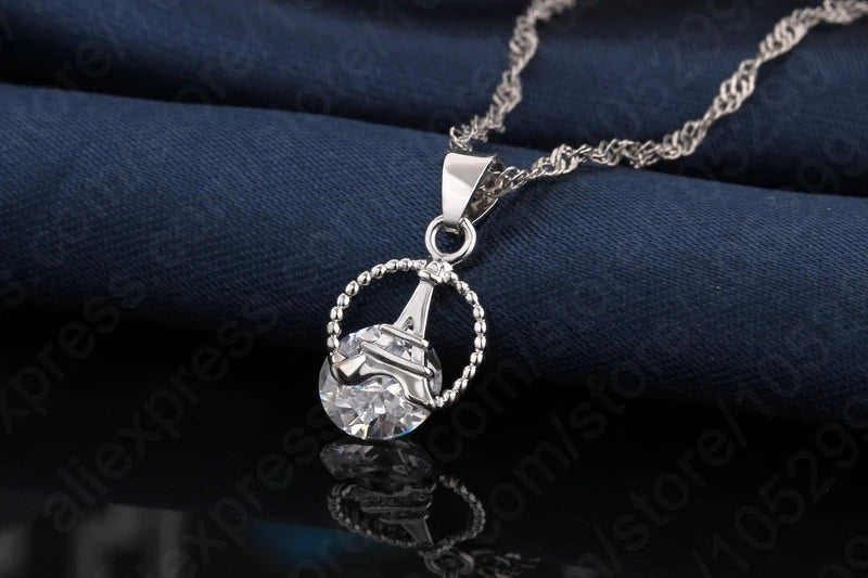Female Shinny CZ Necklace/Earrings Set 925 Sterling Silver Tower Pendant Jewely Sets Party Gifts