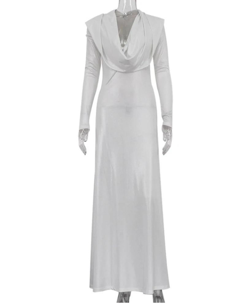 Fashion Slim White Knitted Women'S Dress 2025 Bodycon Hooded Long Sleeve Dress Elegant Classic Party Dresses Female