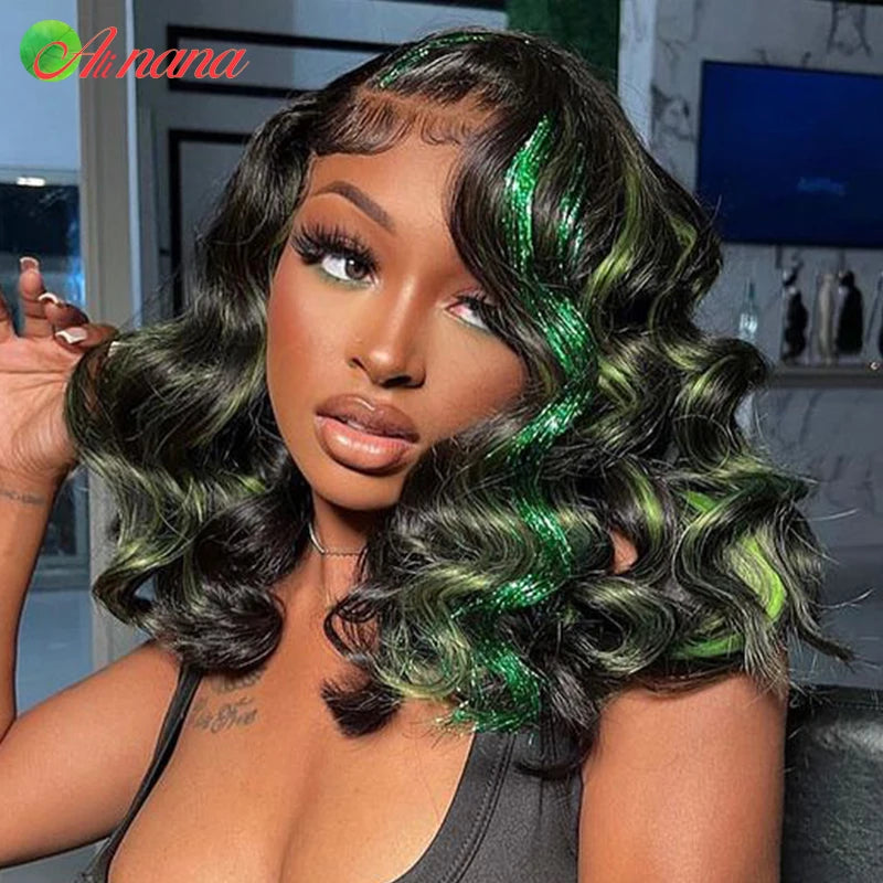 Highlights Green Colored With Glitter Strands Loose Curly Hairstyle 13x6 Lace Frontal Wig Human Hair Wigs For Black Women