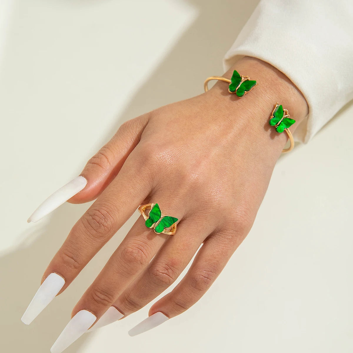Fashiona Colored Rhinestone Butterfly Flower Imitation Pearl Irregular Ring Bracelet set Suitable for women