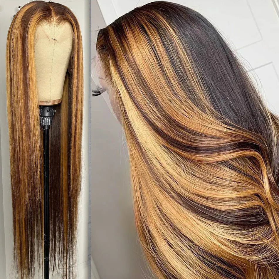 Straight Highlight 13x4 HD Transparent Lace Front Human Hair Wigs Pre Plucked Honey Blonde Colored Lace Frontal Wigs For Women