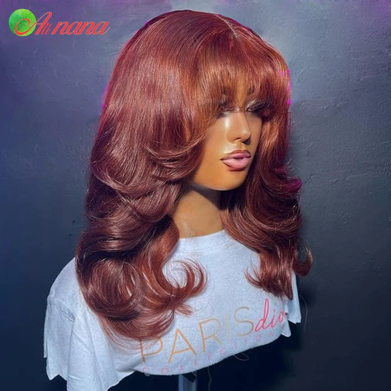 Reddish Brown Colored Body Wave With Bangs 13x6 Lace Frontal Wig Brazilian Remy Human Hair Wig For Women 5x7 Lace Closure Wigs