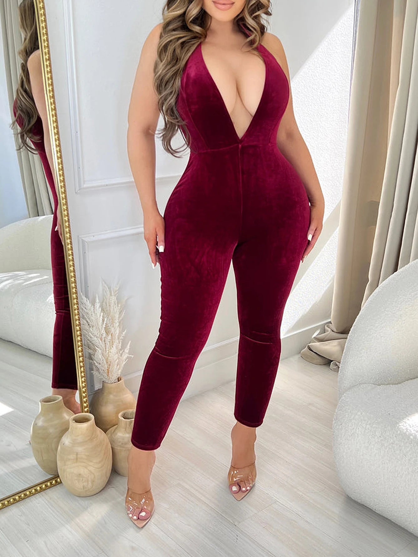 Women's sexy hot girl deep V-neck hanging neck velvet backless tight jumpsuit