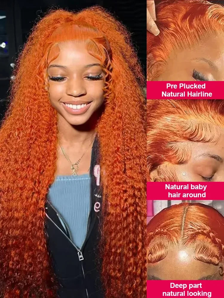 200 Density Orange Ginger 13x6  Lace Frontal Wig Curly Human Hair Wigs 30 40 Inch Deep Wave 13x4 HD Lace Front Human Hair Wig