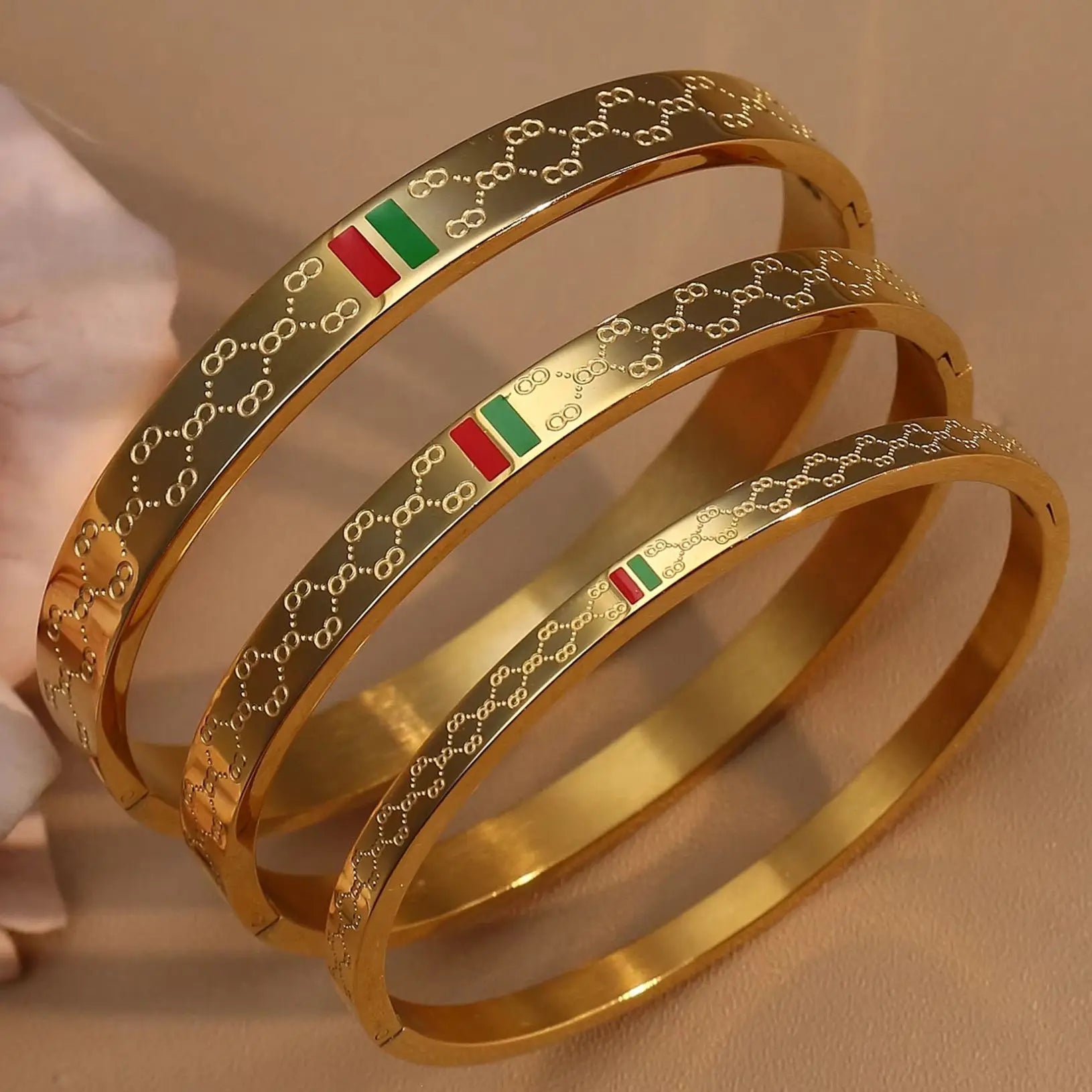 18K Gold Plated Unisex Bangles with Red/Green Accents